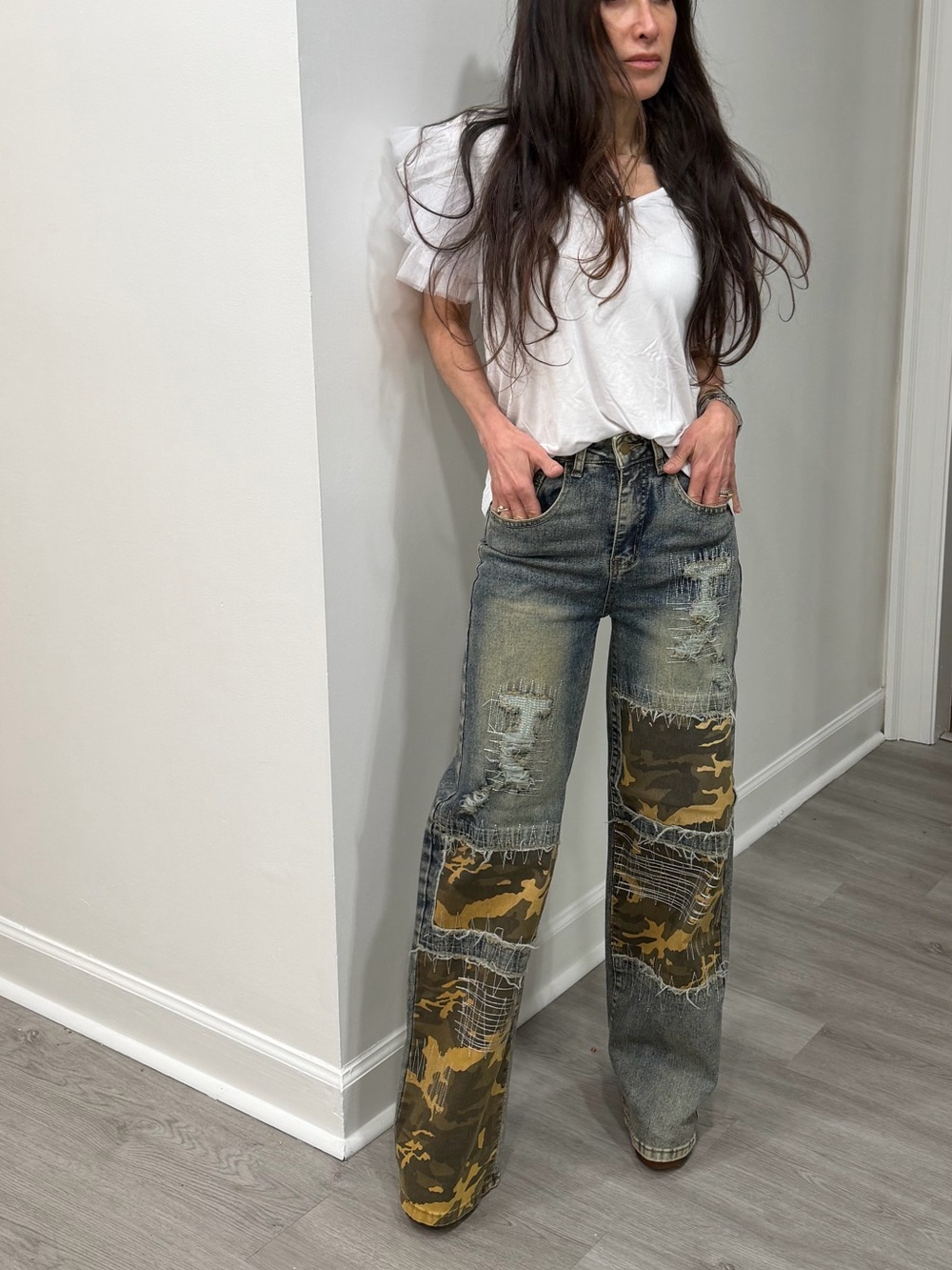 Fabulous Distressed High-Rise Patchwork Jeans in Olive Camo